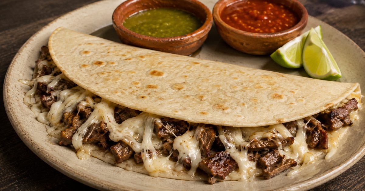 Gringa de bistec doblada en tortilla de harina, con trozos de res asada y queso fundido